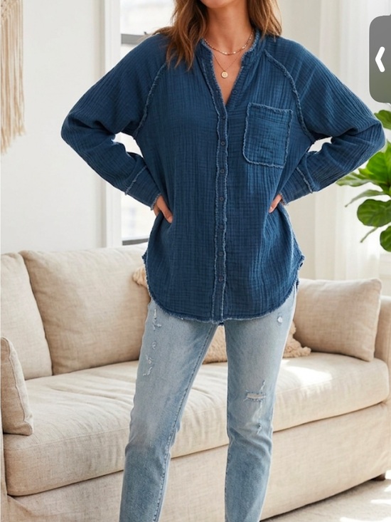 aerie Tops - aerie Navy Washed Gauze Button-Front Shirt 100% Cotton 25” PTP